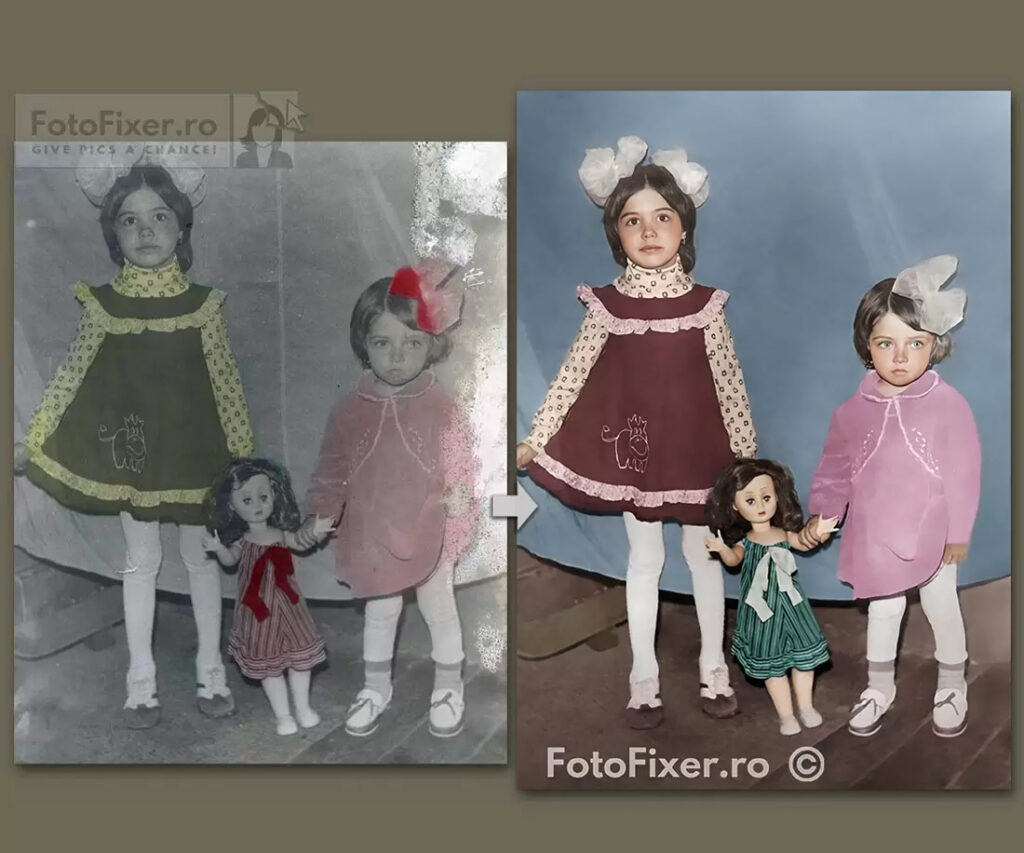 retușare foto, retușare poze, surori cu păpușă